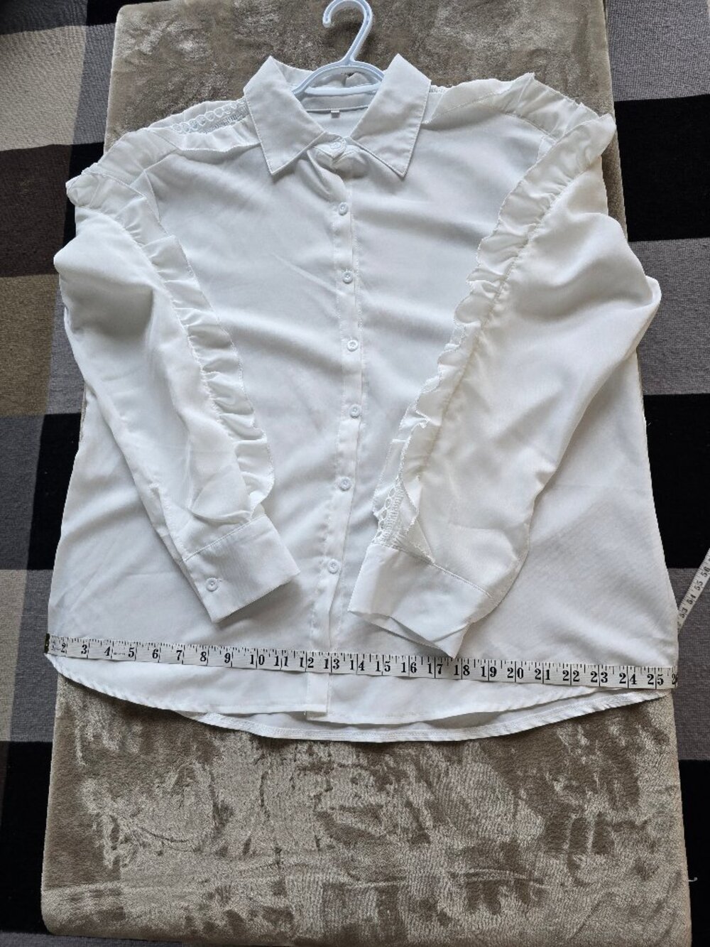 SHEIN Curve White Long Sleeve Blouse with Ruffle Trim & Eyelet Lace Detailing –